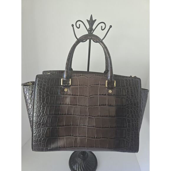 Michael Kors Selma Brown Croc Stamped Leather Satchel Large Pre- Owned - Picture 3 of 9